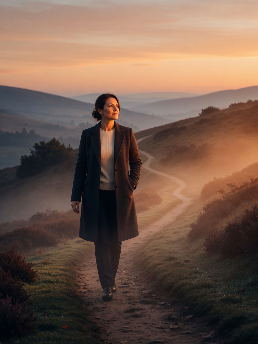 A person walking toward golden sunrise light, symbolizing personal transformation and new beginnings